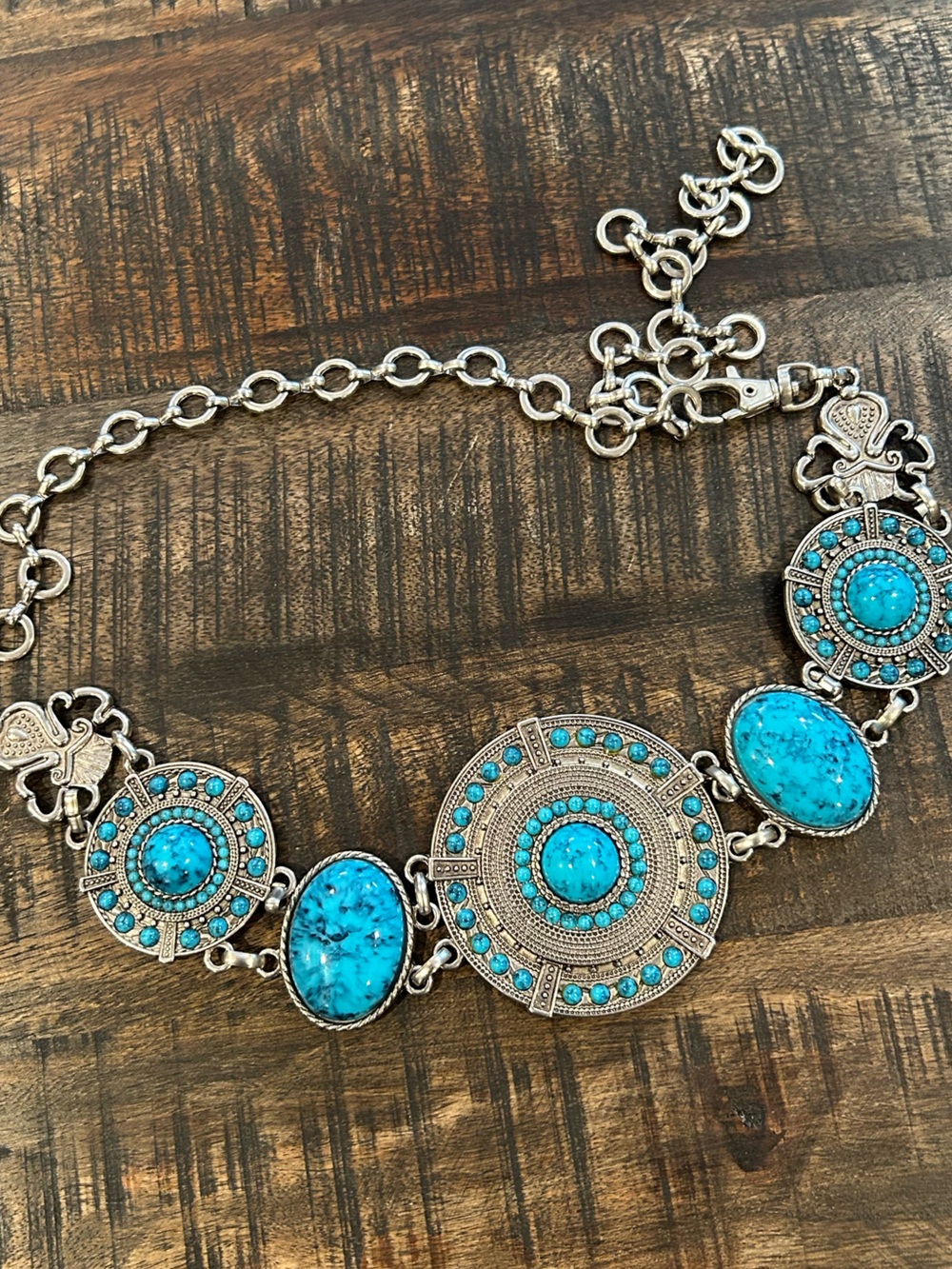 Chico's Concho Faux Turquoise Silver-Tone Medallion Belt Southwest Chain